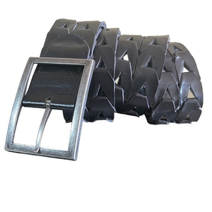 Black ?leather belt with silver buckle‎ 2” in width 44” long B41